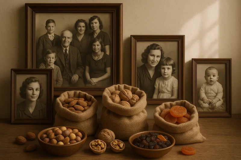 Heritage display with nuts and family photographs